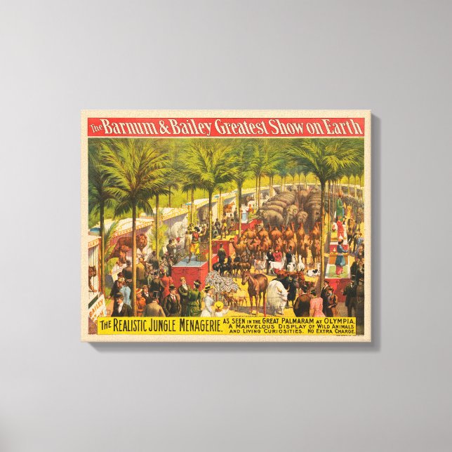 Vintages Zirkusposter von Tieren und Künstlern Leinwanddruck (Vorderseite)