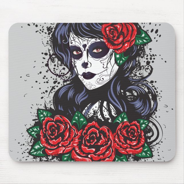 Vintages Zuckerschädelmädchen mit Rosen v10 Mousepad (Vorne)