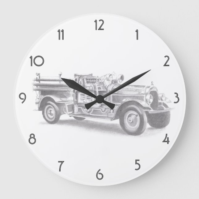 vintinttruck pencil sketch fireman drawing m große wanduhr (Vorderseite)
