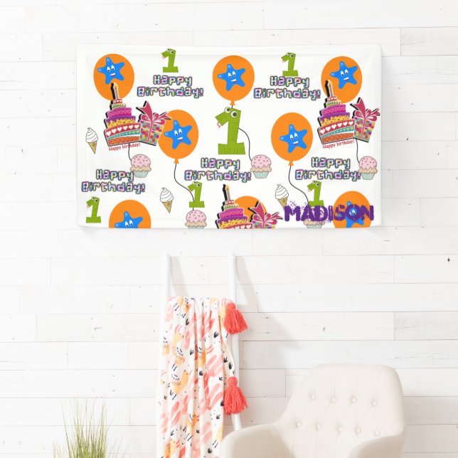 Vinyl Banner, Happy First Birthday Banner, #1 Banner (Insitu)