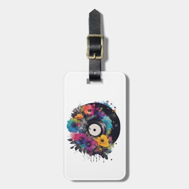 Vinyl Datensatz mit farbigen Blume Gepäckanhänger (Vorderseite vertikal)