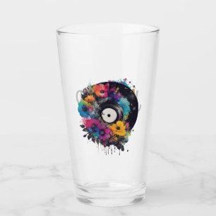 Vinyl Datensatz mit farbigen Blume Glas