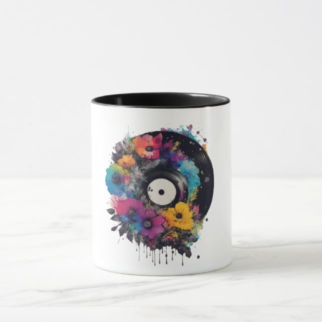 Vinyl Datensatz mit farbigen Blume Tasse (Zentrum)