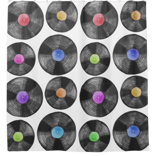 Vinyl LP Platten Retro Illustration Duschvorhang (Vorderseite)