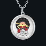 Vinyl music drums versilberte kette<br><div class="desc">Eine lustige Cartoon-Illustration für Menschen,  die den Klang von Vinyl auf einer Turntable Liebe. Dieses musikalische Design wäre auch gut für Schlagzeuger. Eine Cartoon-Abbildung eines Datensatzes,  der die Trommeln abspielt.</div>