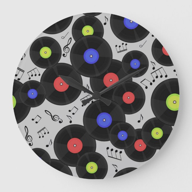 Vinyl-Platten: Muster der Musiknote Große Wanduhr (Vorderseite)