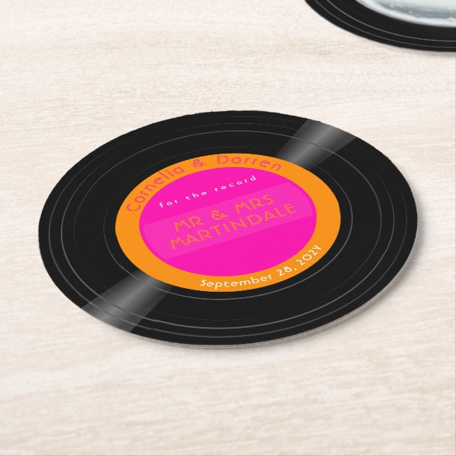 Vinyl Record Disco Hot Pink Orange Custom Runder Pappuntersetzer (Angewinkelt)