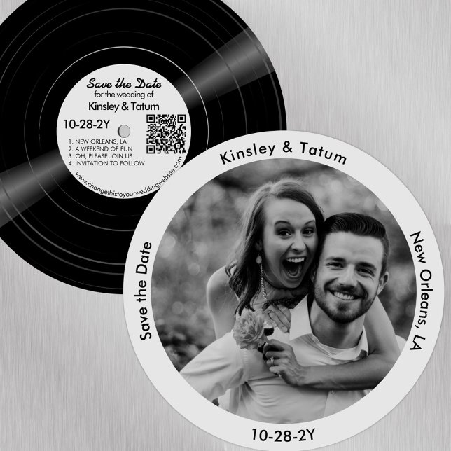 Vinyl Record Foto Save the Date Soft Grau (Vinyl record paper save the date with your photo. Soft grey label)