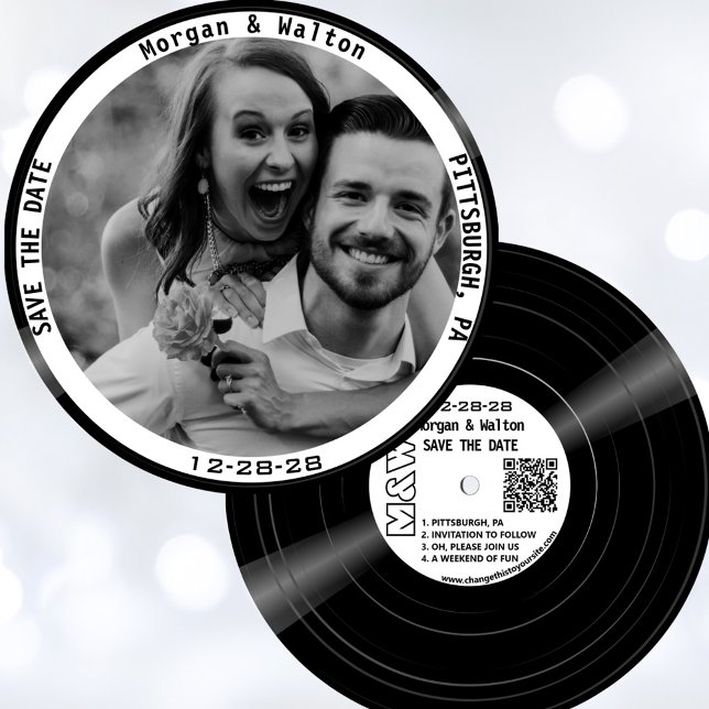Vinyl Record Monogram Foto - weiß Save The Date (Vinyl record style save the date with your photo, monogram, wedding website and QR code.)
