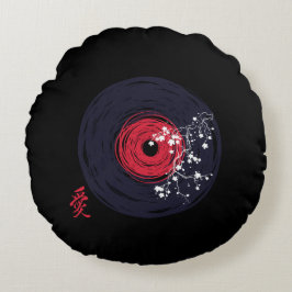 Vinyl Record Retro Grunge mit Sakura Blüten Rundes Kissen