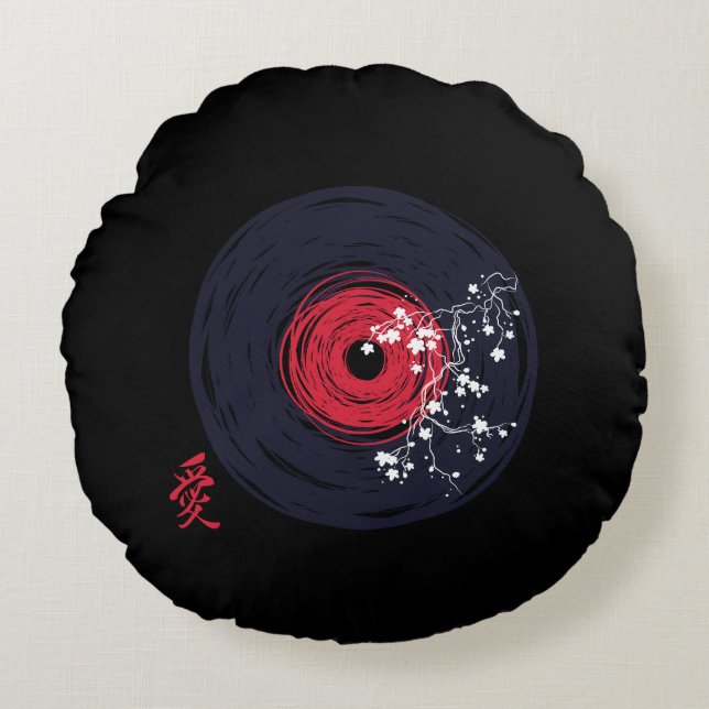 Vinyl Record Retro Grunge mit Sakura Blüten Rundes Kissen (Vorderseite)