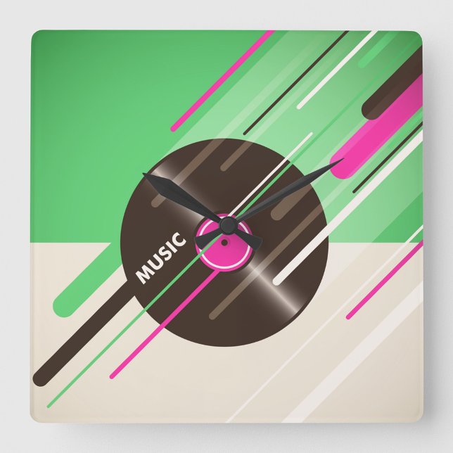 Vinyl Record Square Wall Uhr (A colorful clock design featuring a vinyl record with bold "Music text!)