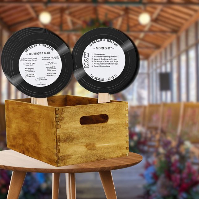 Vinyl-Schallplatten-Monogramm-Hochzeitsprogramm We Fächer (Vinyl record wedding program fans for your ceremony)