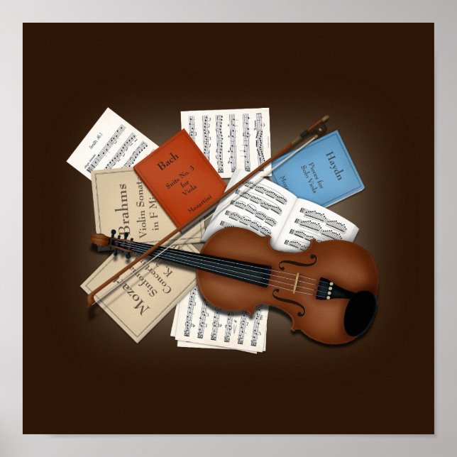 Viola & Bow mit Büchern und Noten individuell anpa Poster (Vorne)