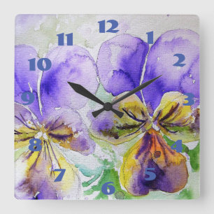Viola Lila Stiefmütterchen Wasserfarbene Pansy Blu Quadratische Wanduhr