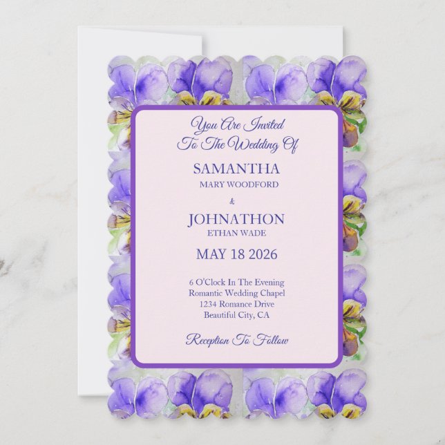 Viola Watercolor Blume Floral Wedding Einladung (Vorderseite)