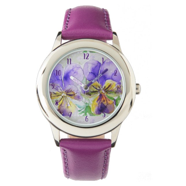 Viola Watercolor Malerei Lila Kunst Blume Florenz Armbanduhr (Vorderseite)
