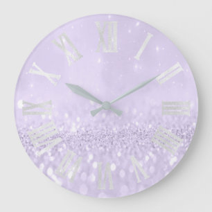 Violet Amethys Lavender Glitzer Grau römische Zahl Große Wanduhr