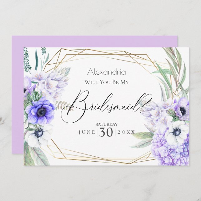 Violet Anemone Blume werden Sie meine Bridesmaid s Einladung (Vorne/Hinten)