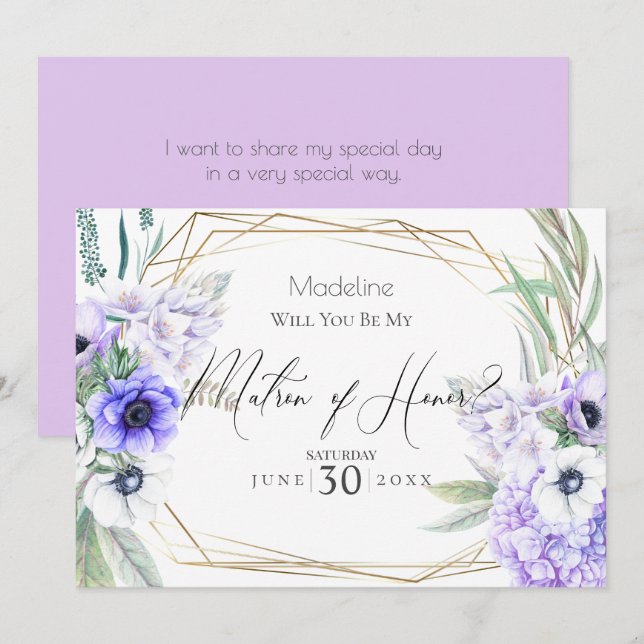 Violet Anemones wirst du meine Ehrenmatrone sein Einladung (Vorne/Hinten)