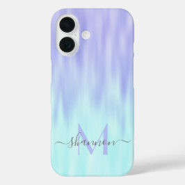 Violet Aqua Blue Pastel Ombre Chic Script Monogram iPhone 16 Hülle