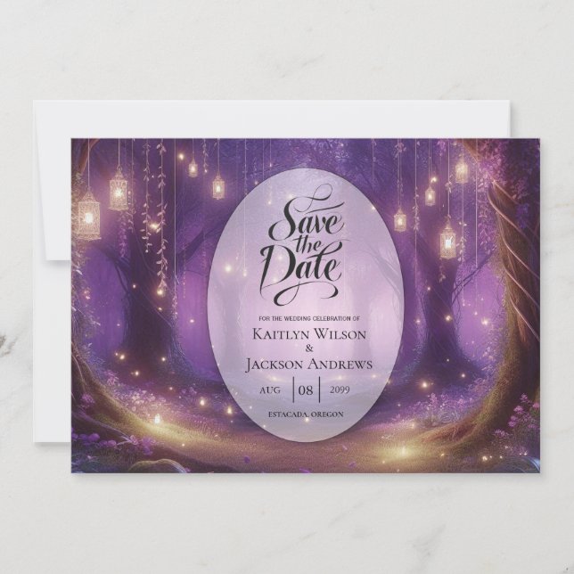 Violet auf der Waldhochzeit um Mitternacht Save The Date (Vorderseite)