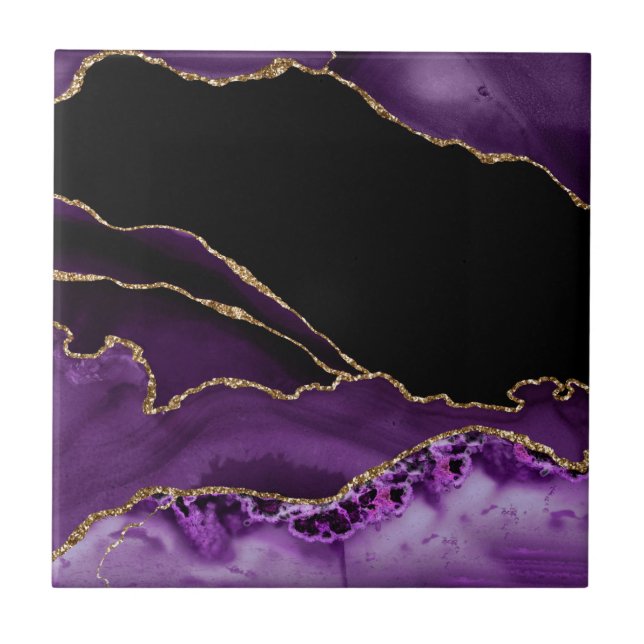 Violet Black Marble Agate Dark Glamour Golden Fliese (Vorderseite)