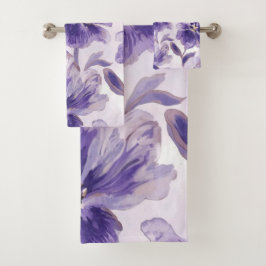Violet Blooms Watercolor Purple Flowers Painted Badhandtuch Set