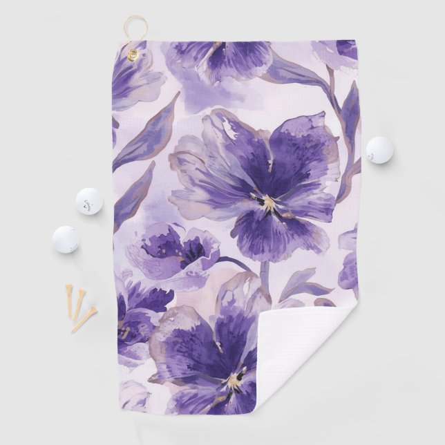 Violet Blooms Watercolor Purple Flowers Painted Golfhandtuch (Insitu)