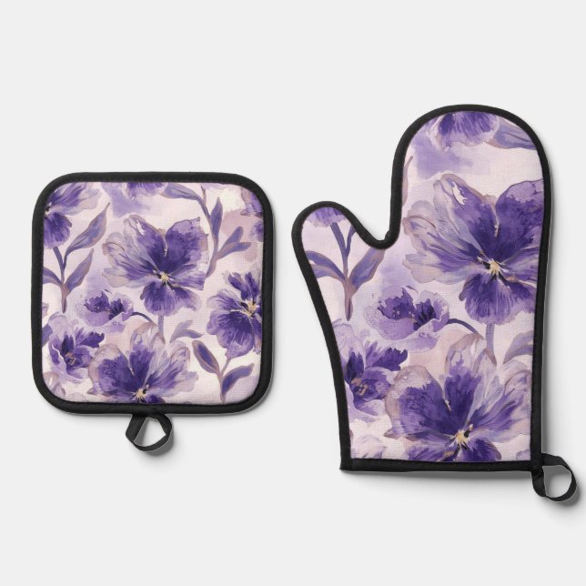 Violet Blooms Watercolor Purple Flowers Painted Ofenhandschuh & Topflappen-Set (Vorderseite)