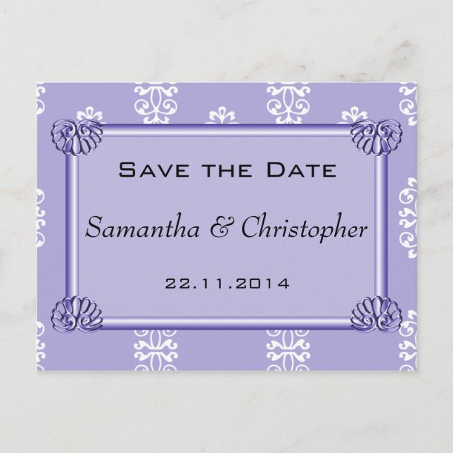 Violet Blue Damask Hochzeit Save the Date Ankündigungspostkarte (Vorderseite)