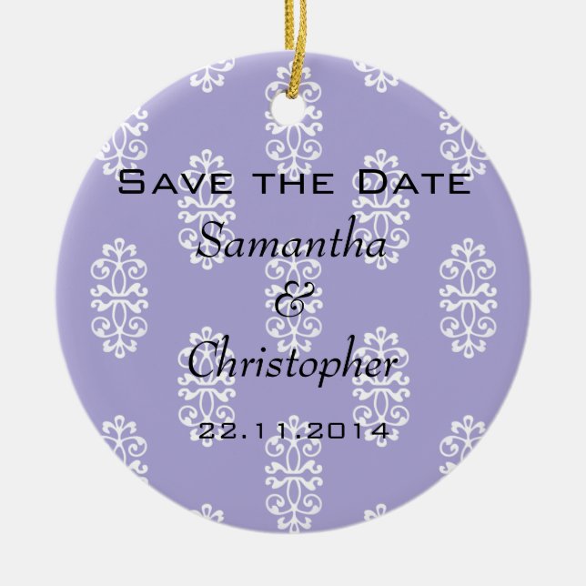 Violet Blue Damask Hochzeit Save the Date Keramik Ornament (Vorne)