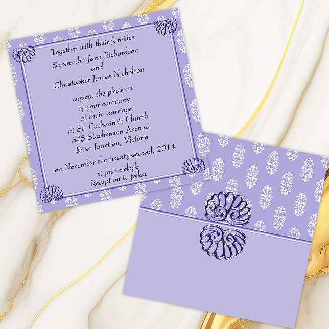 Violet Blue Damask Wedding Einladung (Von Creator hochgeladen)