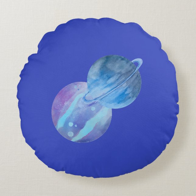 Violet Blue Planets Round Throw Kissen (Vorderseite)