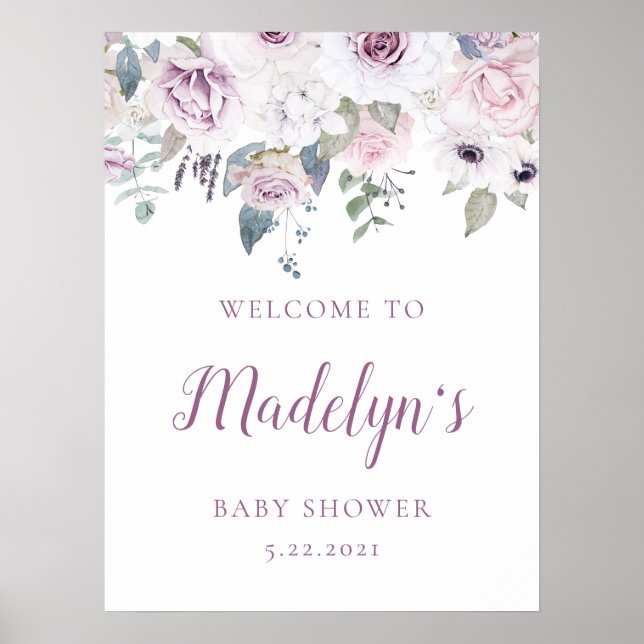 Violet Blush | Floral Baby Dusche Begrüßung Poster (Vorne)