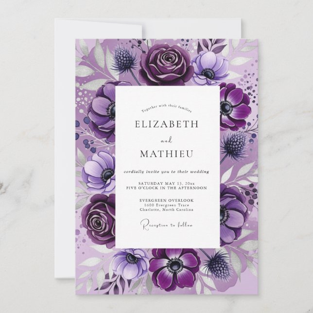 Violet Dramatic Botanical Wedding Einladung (Vorderseite)