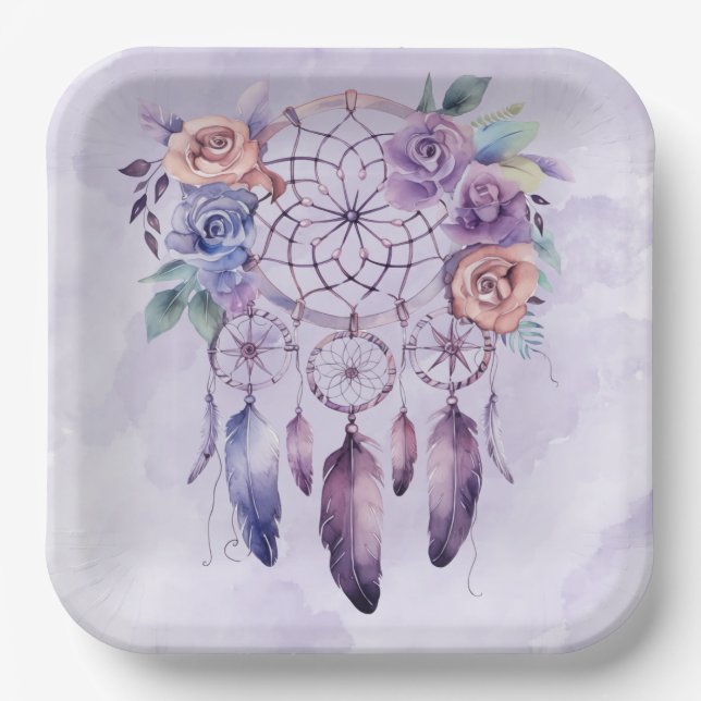 Violet Dreamcatcher und Blume Girl Baby Dusche Pappteller (Vorderseite)