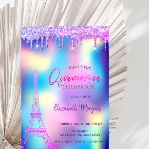 Violet Drops Eiffelturm Holografische Quinceanera Einladung