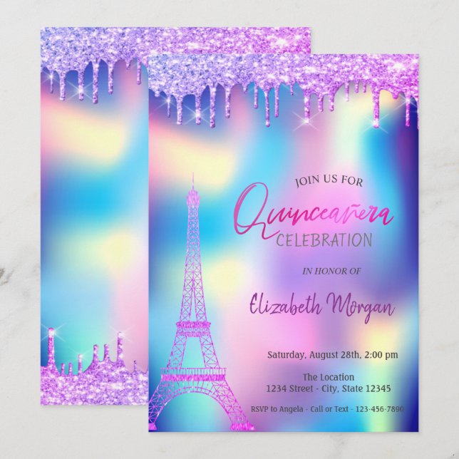 Violet Drops Eiffelturm Holographic Quinceanera Einladung (Vorne/Hinten)