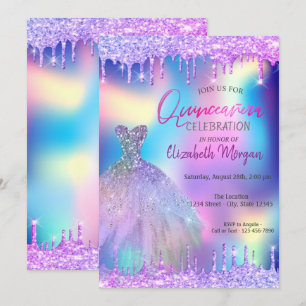 Violet Drops Kleid Holografischer Quinceañera Einladung