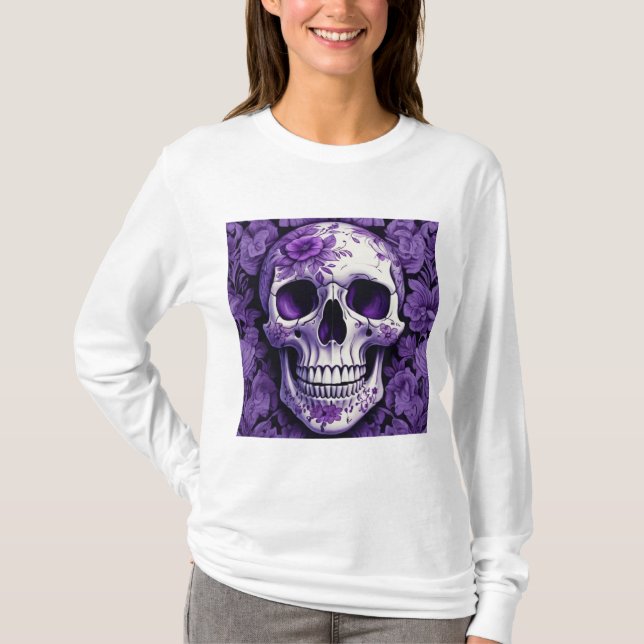 Violet Floral 3D Toter Schädel mit violetten Blume T-Shirt (Vorderseite)