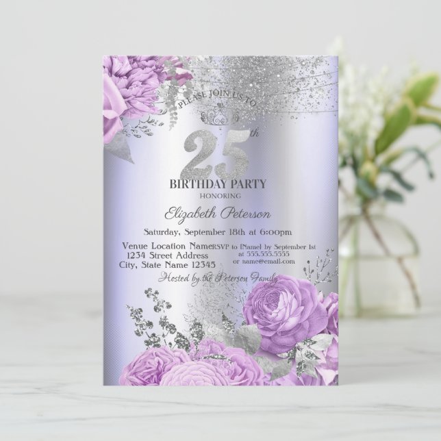Violet Flowers Glitter Lilac 25th Birthday   Einladung (Stehend Vorderseite)