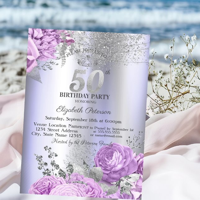 Violet Flowers Glitter Lilac 50th Birthday   Einladung (Von Creator hochgeladen)