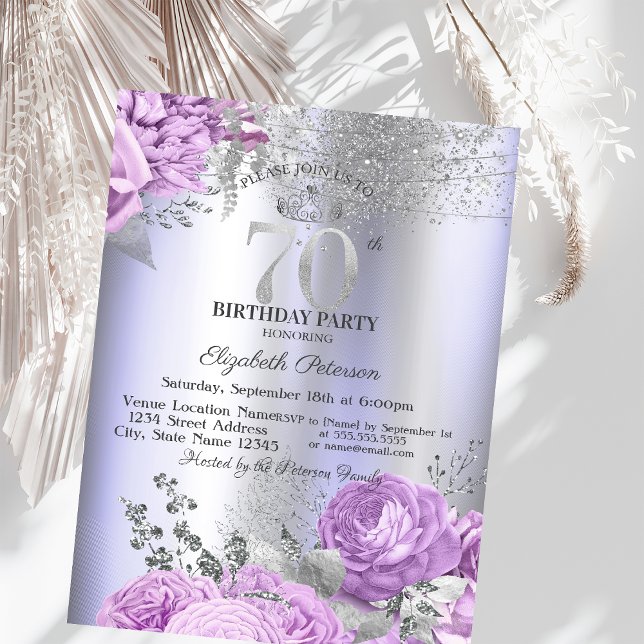 Violet Flowers Glitter Lilac 70th Birthday   Einladung (Von Creator hochgeladen)