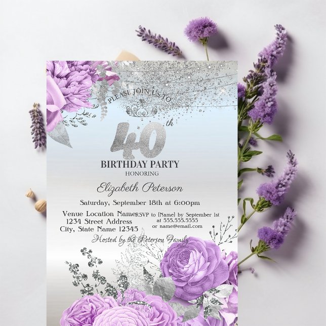 Violet Flowers Glitter Silver 40th Birthday   Einladung (Von Creator hochgeladen)