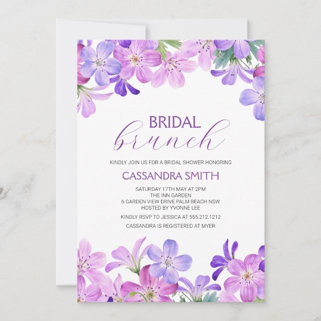 Violet Geranium Bridal Brunch Dusche Einladung (Vorderseite)