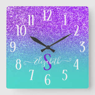 Violet Glitter Turquoise Ombre Monogram Quadratische Wanduhr