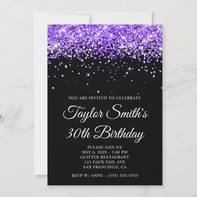 Violet Glitzer Black 30. Geburtstag Einladung (Vorderseite)