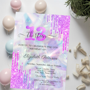 Violet Glitzer Tropfen Holographic 13. Geburtstag Einladung