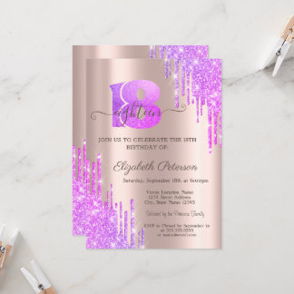 Violet Glitzer Tropfen Rose Gold 18. Geburtstag Einladung
